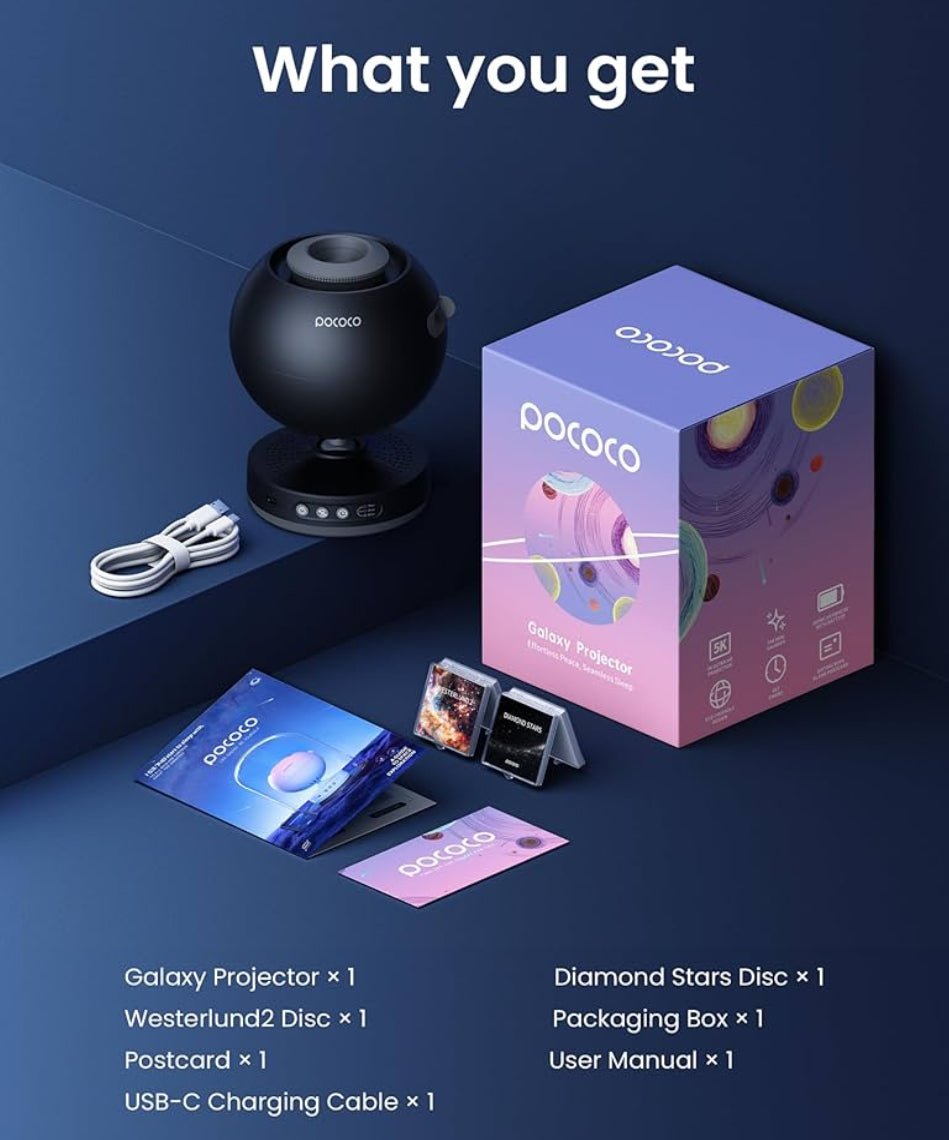 POCOCO Galaxy Projector, Star Projector Night Light, Home Planetarium for Children and Adults; in Bedrooms, Interiors; for Decoration, Sleep Aid and Relaxation - with 2 Discs