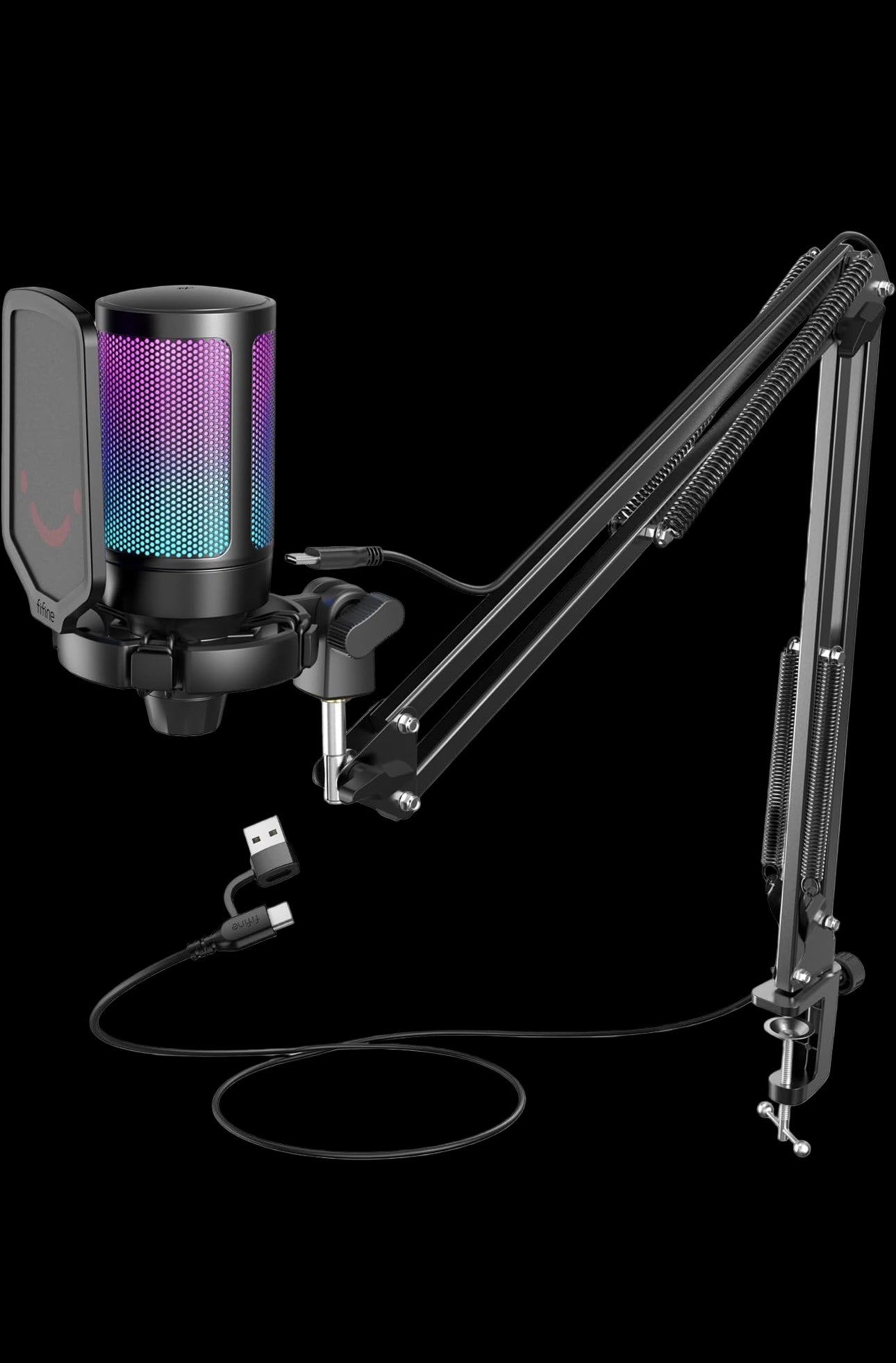 FIFINE USB Gaming Microphone Kit for PC PS5, Computer Condenser Microphone with RGB, Quick Mute, Gain Control, Boom Arm Stand, Shock Mount, Pop Filter for Streaming Discord Podcasts YouTube -A6T