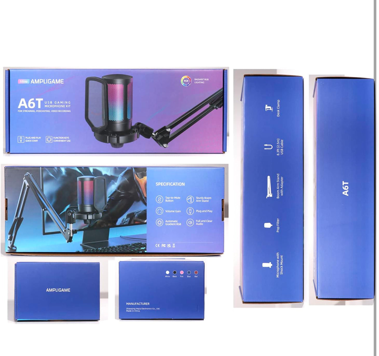 FIFINE USB Gaming Microphone Kit for PC PS5, Computer Condenser Microphone with RGB, Quick Mute, Gain Control, Boom Arm Stand, Shock Mount, Pop Filter for Streaming Discord Podcasts YouTube -A6T