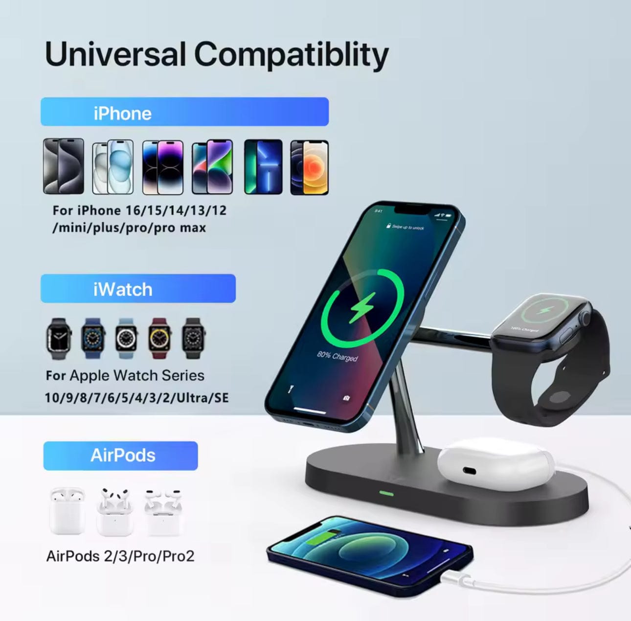 3-in-1 Wireless Charging Stand For iPhone 12-16, Apple Watch 4-10 & AirPods Pro 3/2 - Fast Charging Dock
