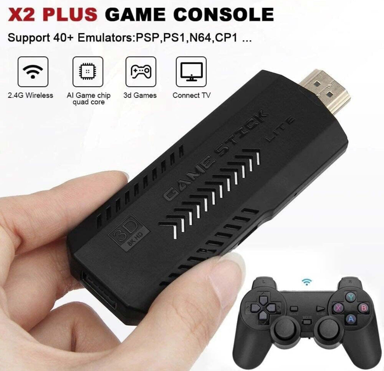 X2 Plus Game Stick Retro Console, Built In 4000+ Games 128GB Wireless Controller 4k, HD